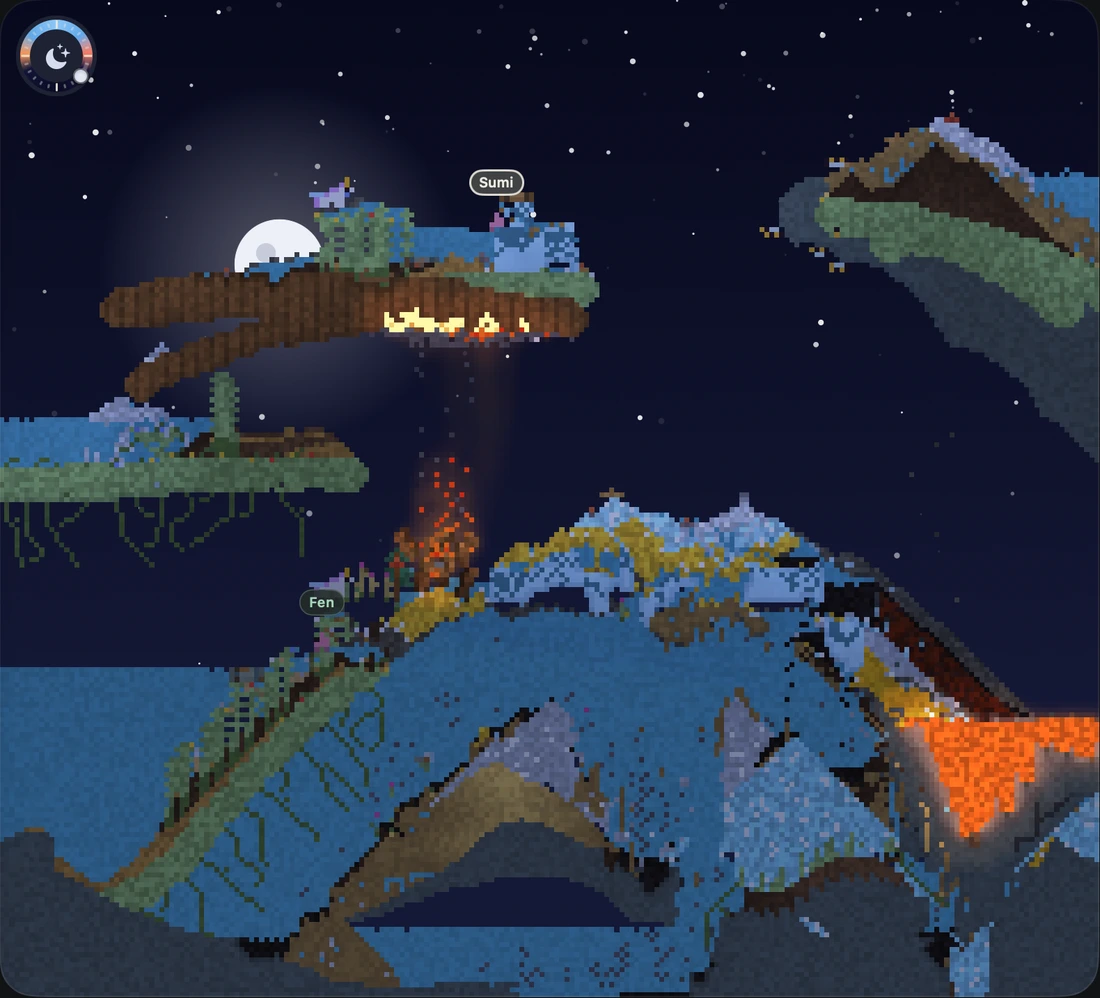 Glass Cove changing under a starry sky, with unicorns, Sandlings, burning wood and flowing lava