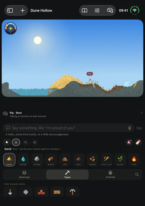Sandlings on iPhone Duo in tabletop mode: the world above, the tools below