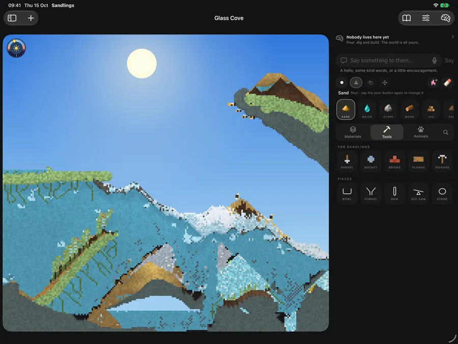 Glass Cove on iPad in landscape, with the controls beside the world