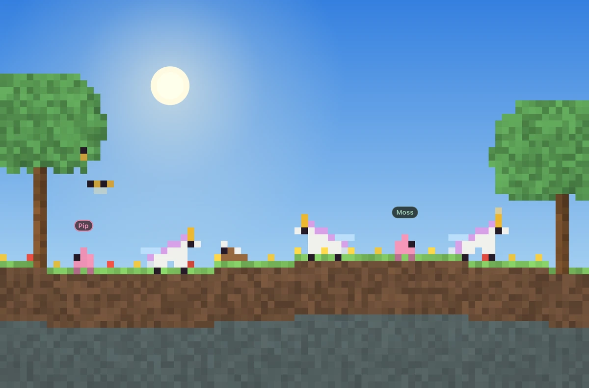 Three unicorns in a flower-filled meadow with Pip, Moss, a bunny and a bee